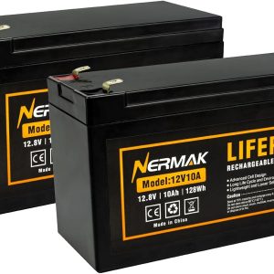 Nermak 2 Pack 12V 10Ah Lithium Ion LiFePO4 Deep Cycle Battery, 2000+ Cycles Rechargeable Battery for Solar/Wind Power, Scooters, Lighting, Power Wheels, Fish Finder Built-in 10A BMS
